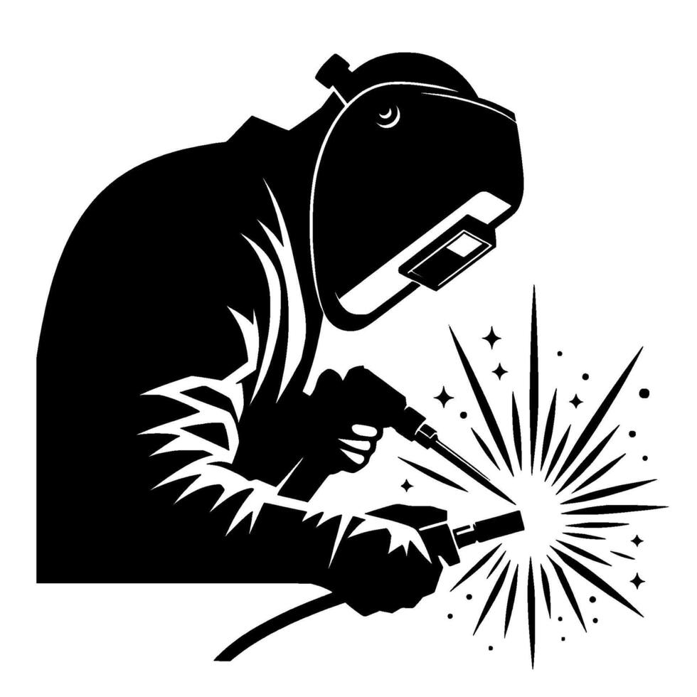 A stylized black and white illustration of a welder in protective gear, crafting with a blazing spark, emanating from the welding torch. vector