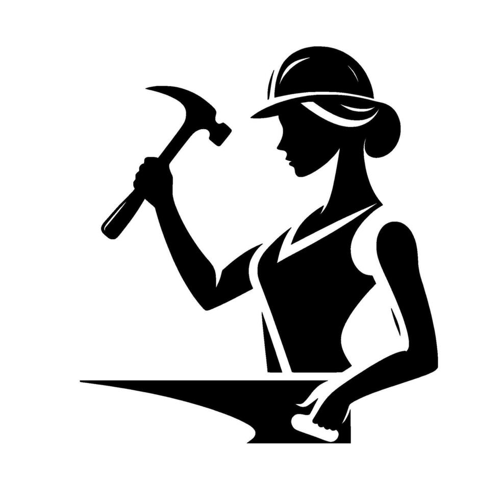 A silhouetted female construction worker, wearing a hard hat, poised with a hammer over an anvil, signifying strength, empowerment and skill. vector