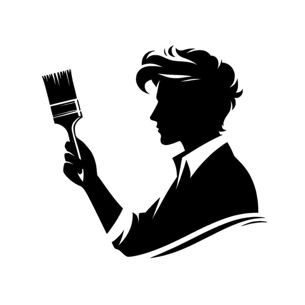 Silhouette of an artist in profile, holding a paintbrush, with stylized hair and attire, on a white background. vector