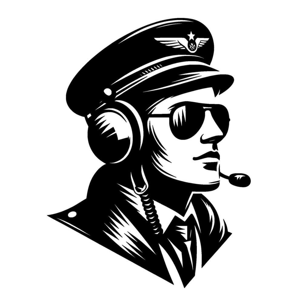 A stoic, black and white pilot, sporting aviator shades, a distinguished cap with wings, headphones and microphone, rendered in a stylized illustration. vector