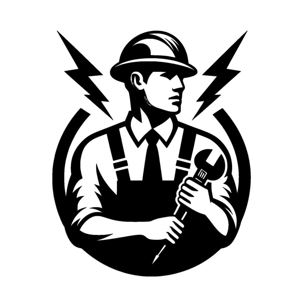 A strong electrician in uniform, wearing a helmet, holding a wrench, and surrounded by lightning bolts within a circular emblem, ready for work. vector