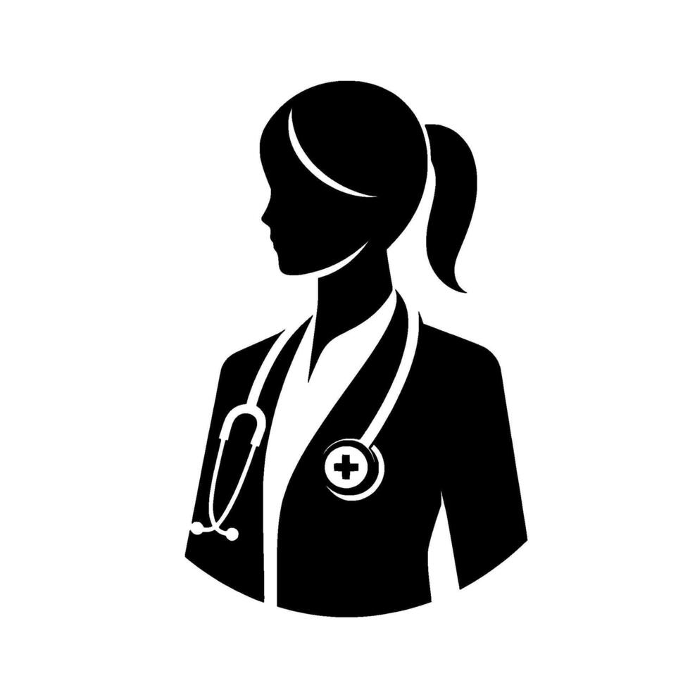 Silhouette of a female doctor with a ponytail, stethoscope, and medical symbol on a white background. a minimalist, monochrome illustration representing healthcare and medicine. vector