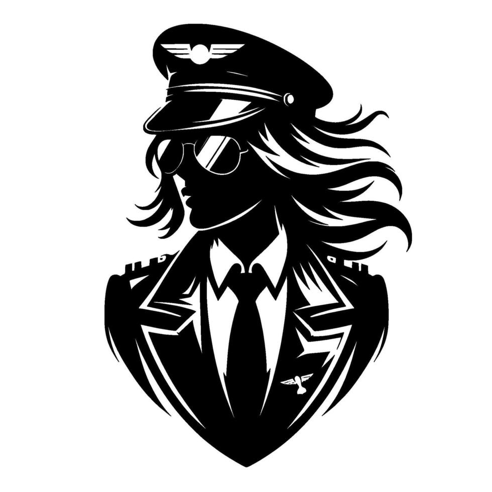 Silhouette of a stylish female pilot in uniform, wearing sunglasses and a hat, with flowing hair, a classic aviator aesthetic in stark black and white. vector