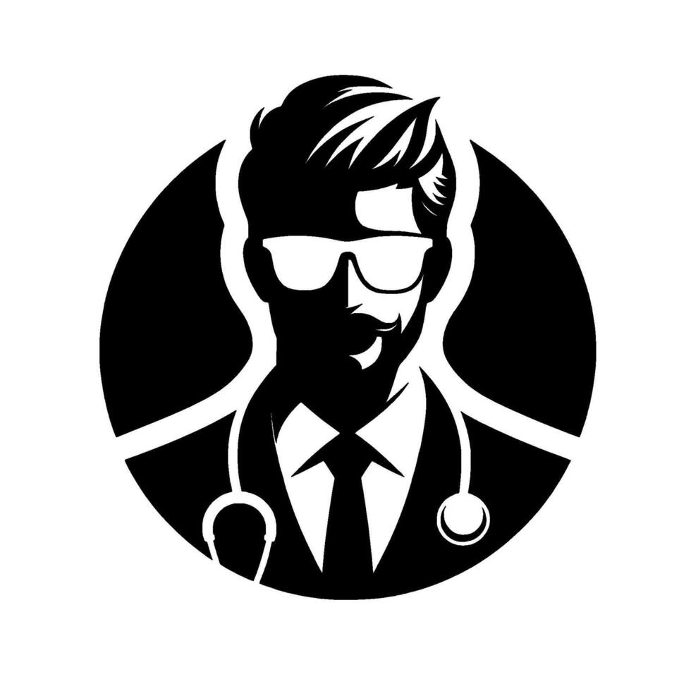 Stylish silhouette of a doctor with glasses, mustache, stethoscope, and tie encircled in a black circle, medical professional. vector