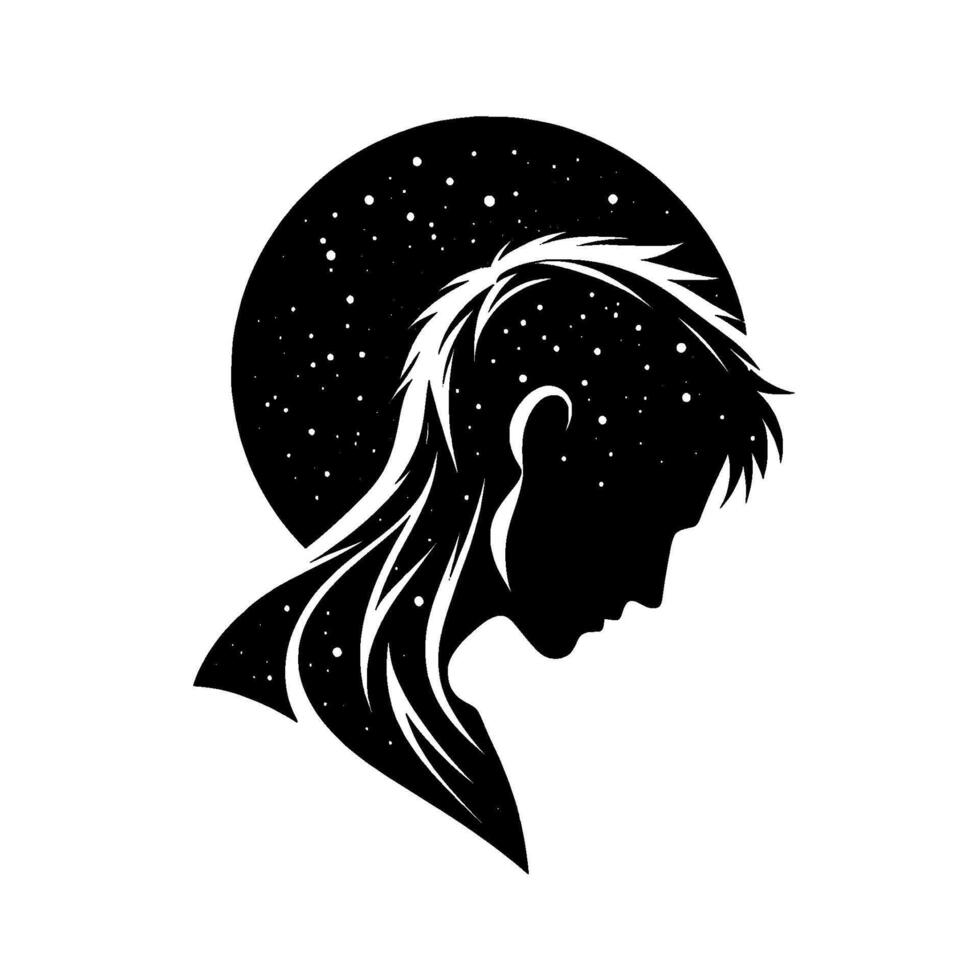 Silhouette of a person gazing downward, hair merging with a starry night, embraced by a cosmic circle, evoking introspection. vector