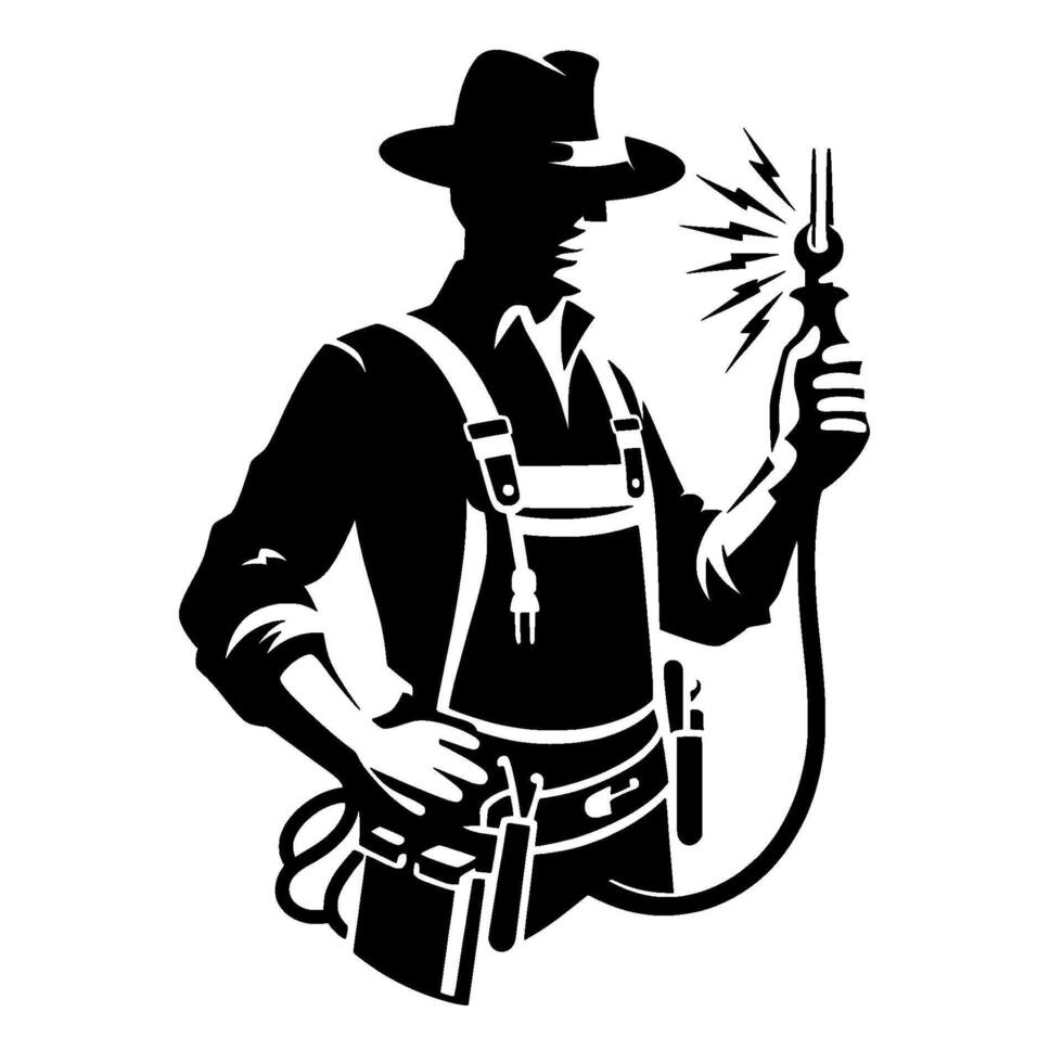 Silhouetted welder in a cowboy hat, igniting arc, with tool belt, bold black and white illustration vector