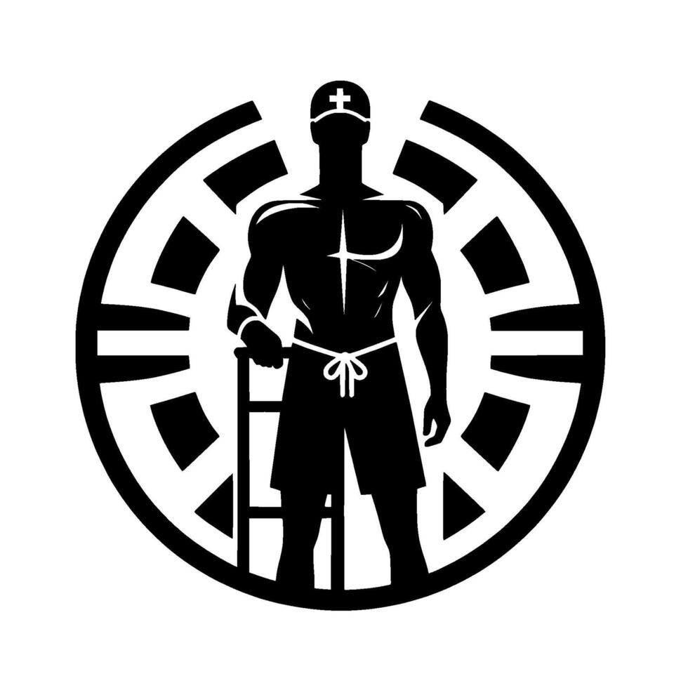 A muscular figure, wearing a medical cap, standing with a staff inside a circular emblem, stylized in black and white. vector
