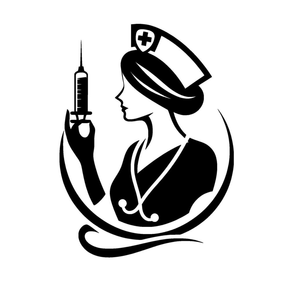 Silhouette of a nurse with a syringe, medical professional in profile inside a circular ornament, black and white logo. vector