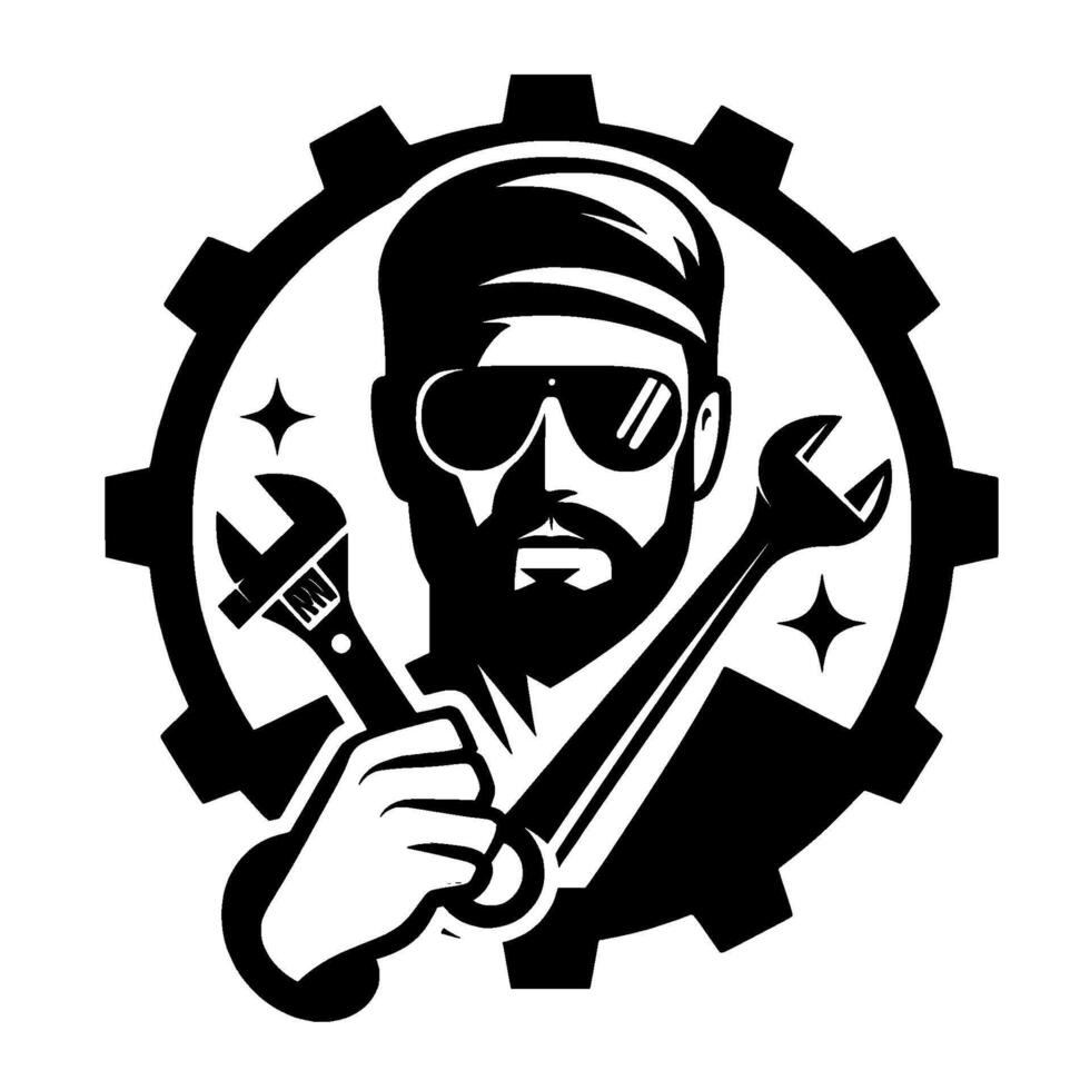 A bold, black and white mechanic illustration, with a bearded man wearing sunglasses, holding wrenches within a gear, radiating professionalism and skill. vector