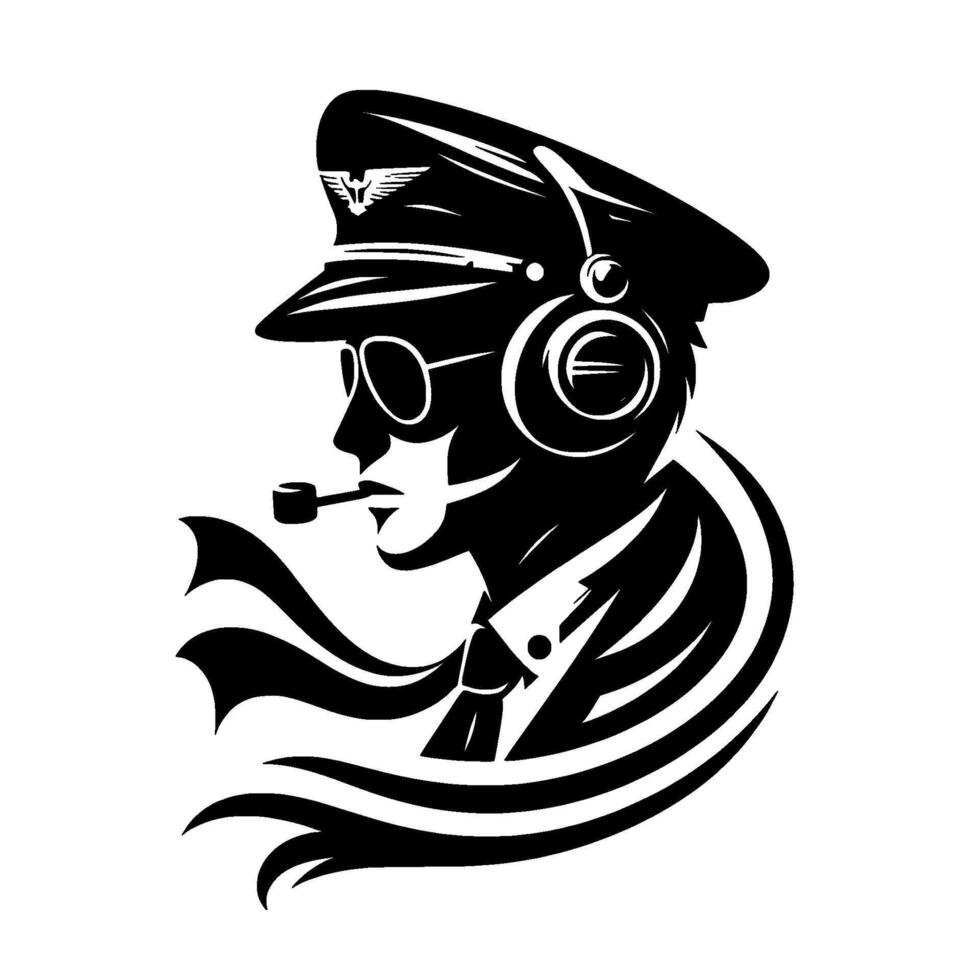 A stylized, monochrome silhouette of a sophisticated figure a pilot wearing aviator glasses, headphones, hat, and smoking a pipe, in side profile. vector
