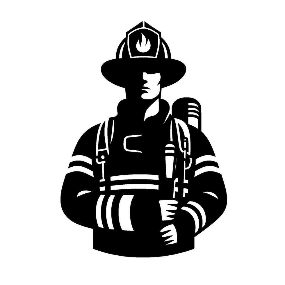 Bold black and white silhouette of a firefighter, depicting strength, duty, and courage, with helmet emblem vector
