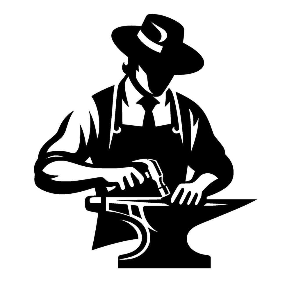 Silhouette of a blacksmith in a hat, apron, and tie hammering metal on an anvil, minimalist graphic, high contrast. vector
