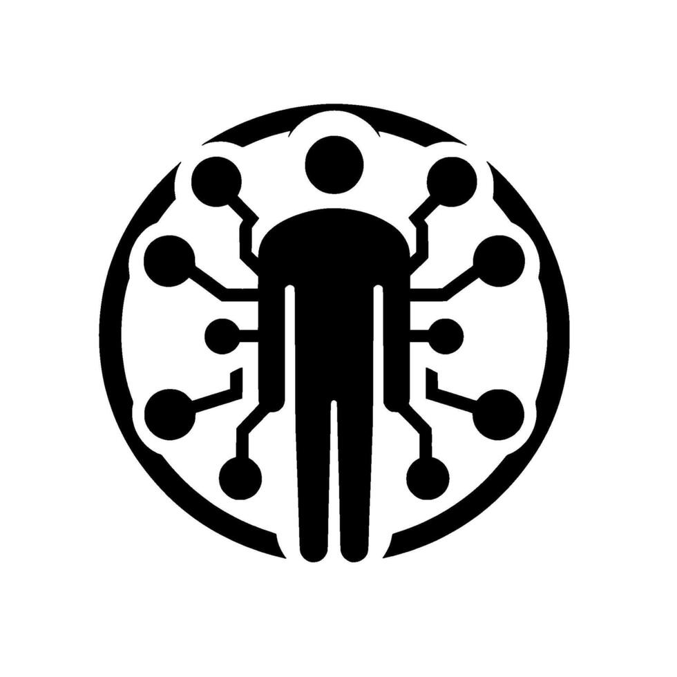 Stylized silhouette representing a human connected to a network within a circular frame, illustrating concepts like ai, connectivity, and technological integration. vector