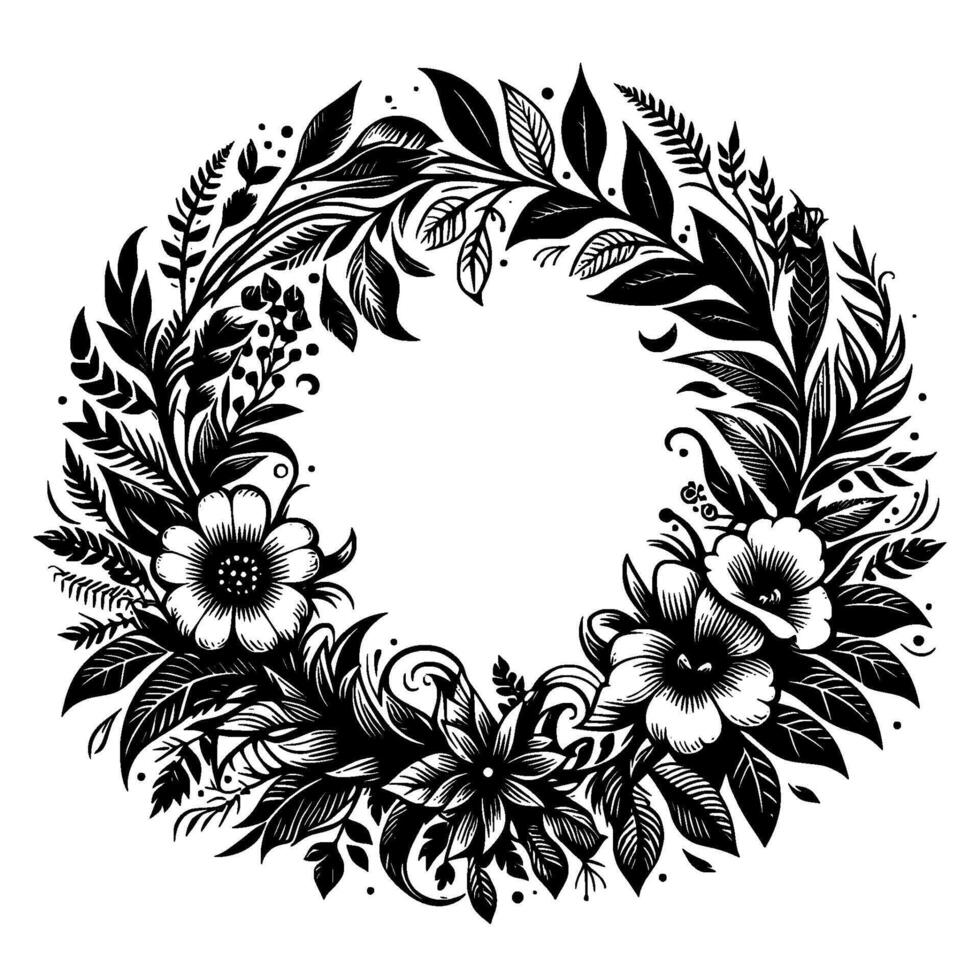 Elegant black and white floral wreath intricate of stylized flowers, leaves, and ferns arranged in a symmetrical circular composition. vector