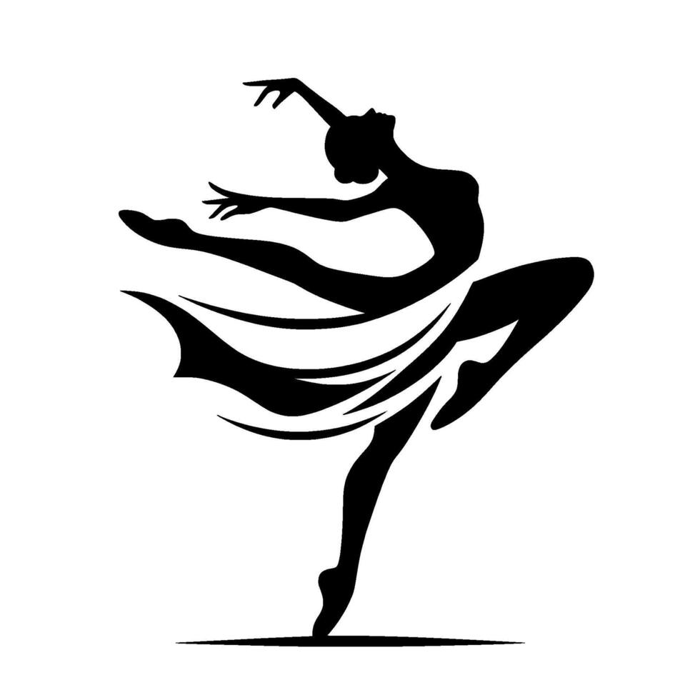 Silhouette of a graceful ballerina in midair, showcasing fluid movement, elegance, and dramatic flow in a dynamic pose against a pure white background. vector