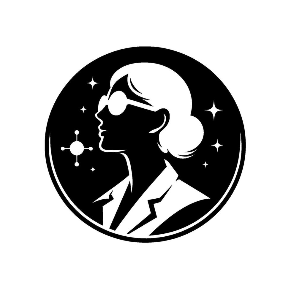 A stylish, black and white silhouette of a female scientist in a lab coat and round sunglasses within a black circular frame with stars and a molecular structure. vector