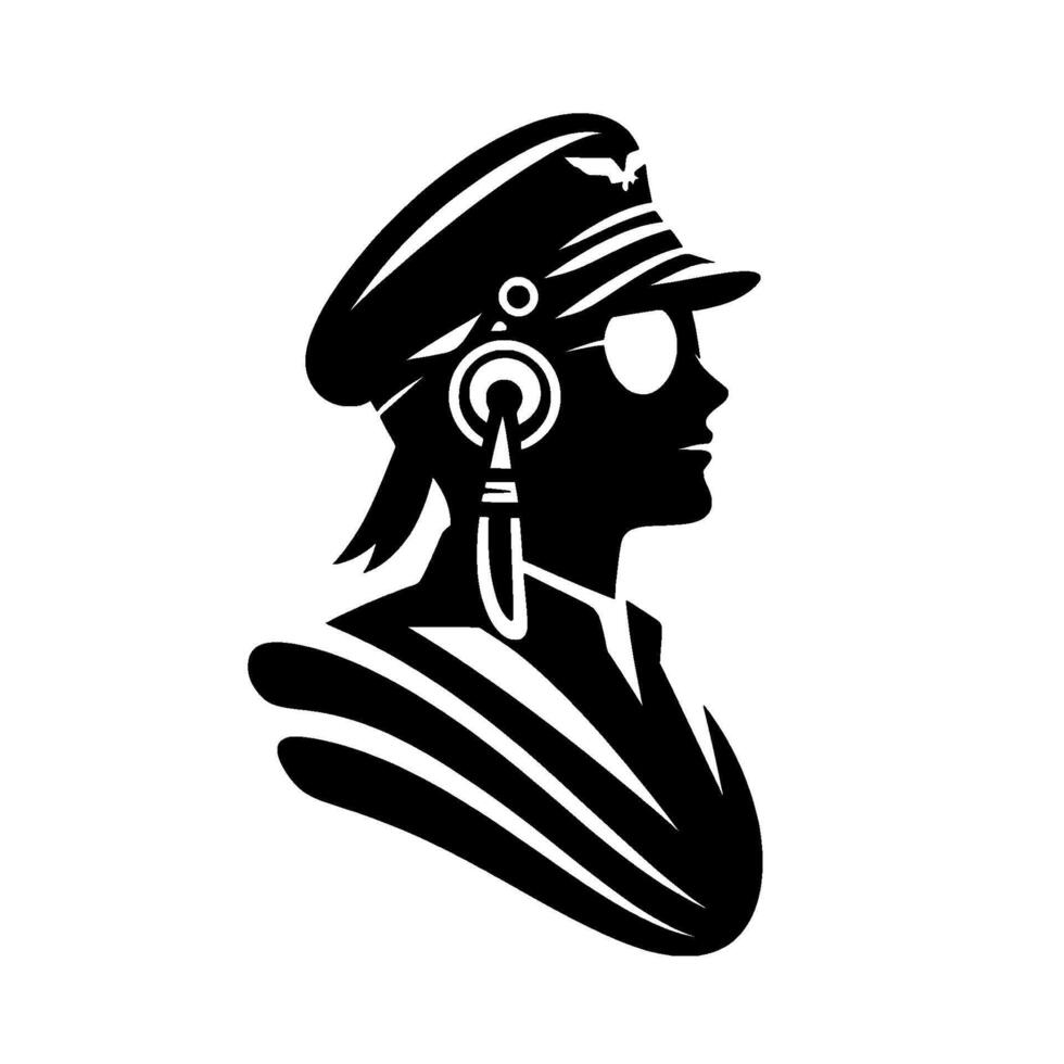 Silhouette of a woman in a pilots cap and sunglasses, with an artistic earring, against a stark white background. vector