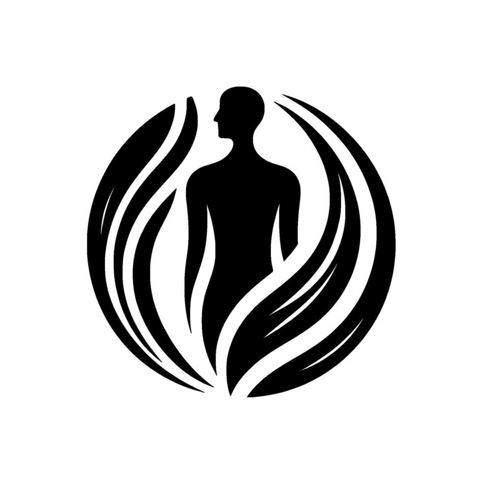 A minimalist silhouette depicting a human figure enclosed within a circular arrangement of stylized, fluid, winglike shapes, evoking a sense of protection and inner peace on a pure white background. vector