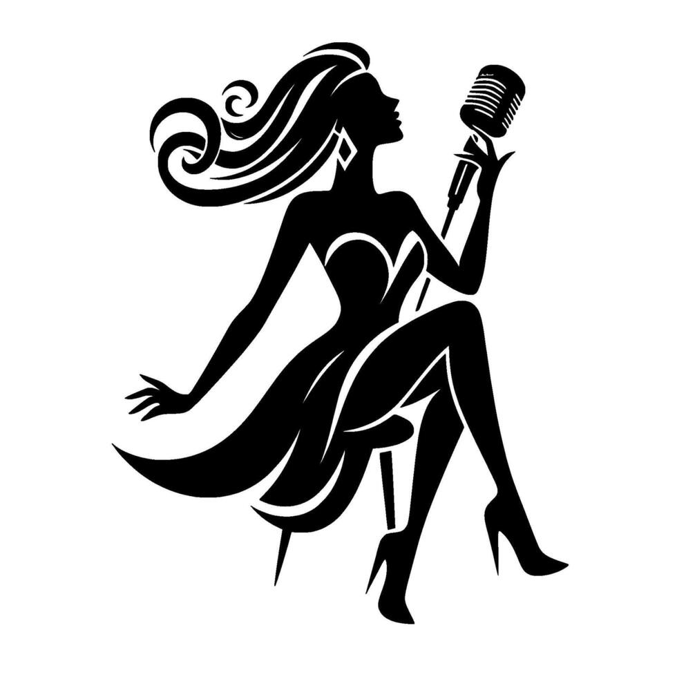 Elegant silhouette a seated female singer with flowing hair and a vintage microphone, embodying jazz glamour against a stark white backdrop. vector