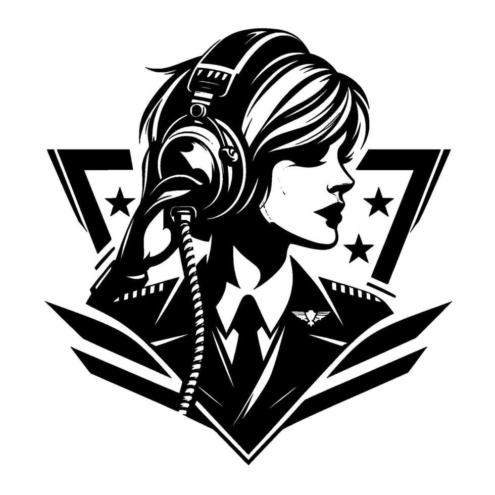 Sleek monochrome illustration of a female pilot wearing a headset, with aviation emblems, surrounded by geometric shapes and stars, conveying authority. vector