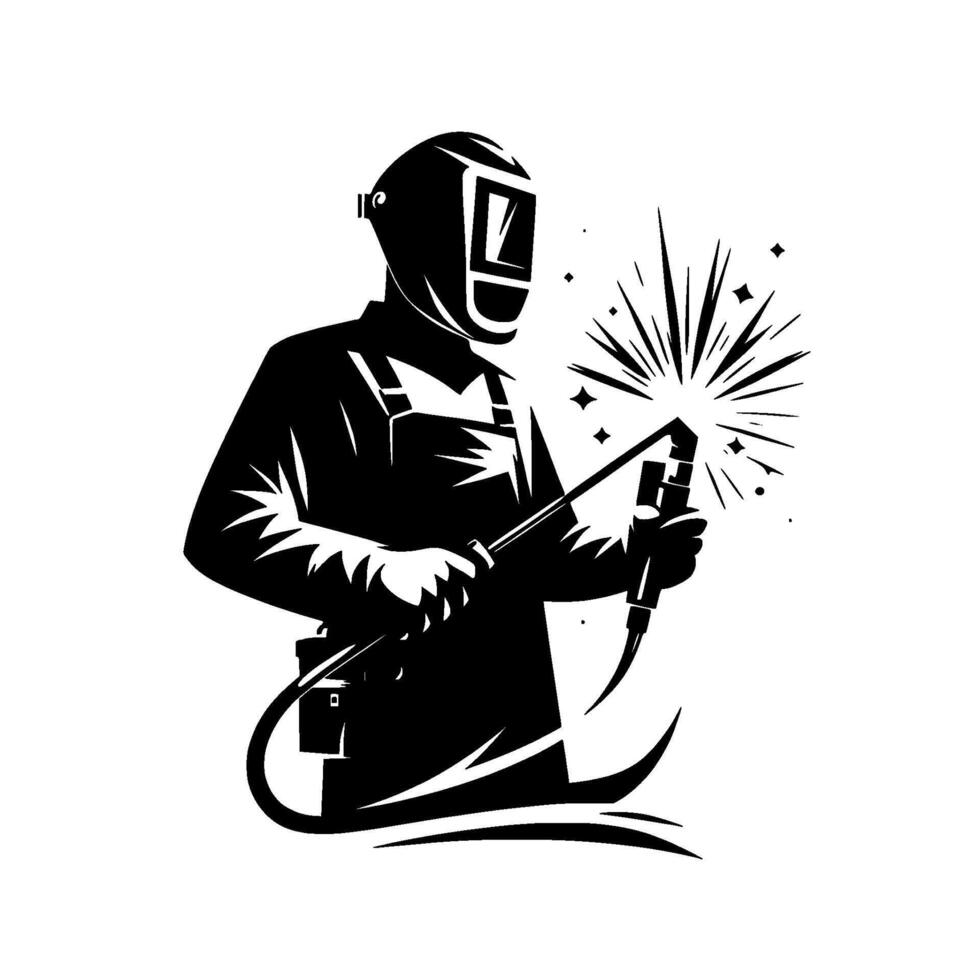 Black and white illustration of a welder in protective gear using a welding torch, creating sparks and light against a white background. vector