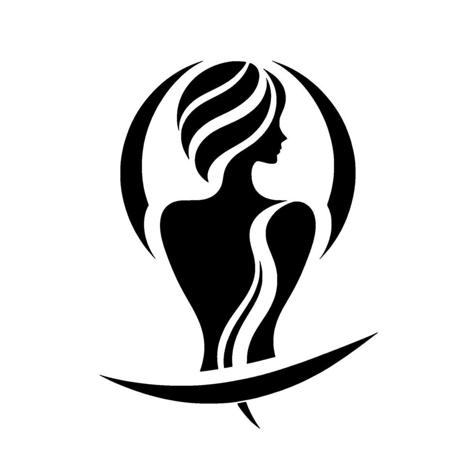 An elegant, minimalist black and white silhouette of a woman gazing over her shoulder, framed by a stylized sunburst, expressing grace and style. vector