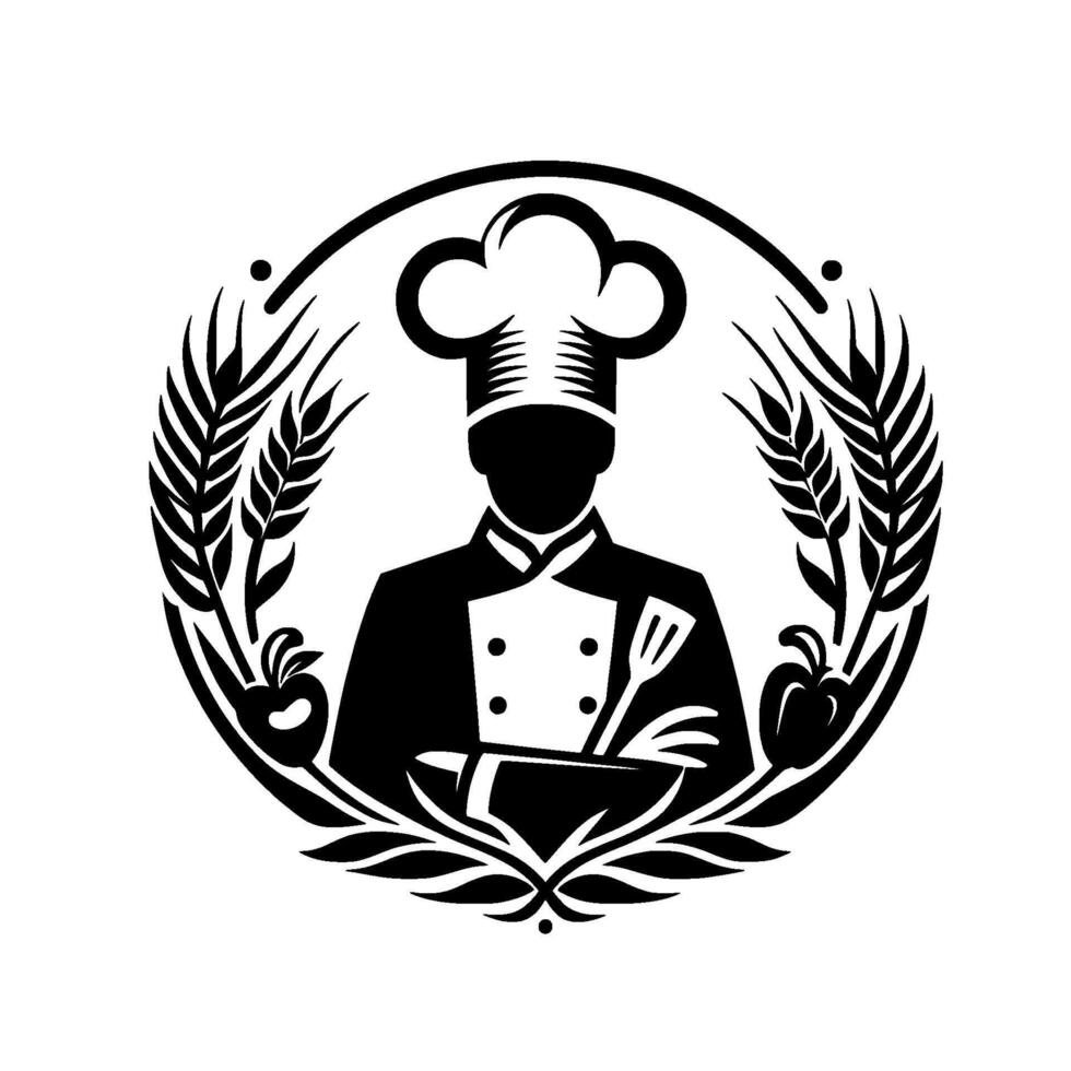 A minimalist black and white chef encircled by wheat and peppers, featuring a chef with a toque and holding a bowl and spatula. vector