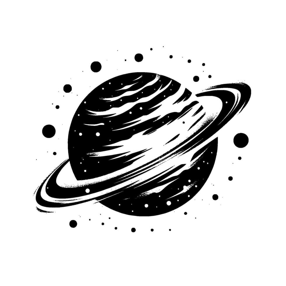 A meticulously crafted minimalist illustration of a cosmic entity, a planet with vibrant rings and specks, against a stark white backdrop, evoking mystery. vector