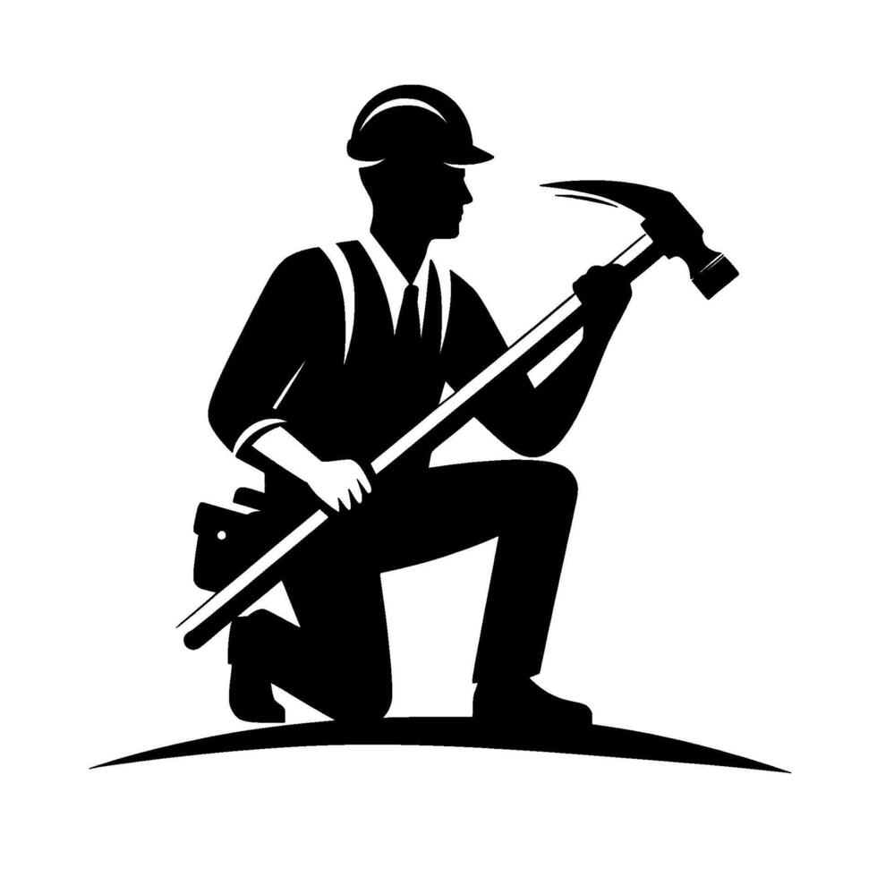 Silhouette of construction worker kneeling, holding hammer, wearing hard hat and tool belt, against a white background. vector