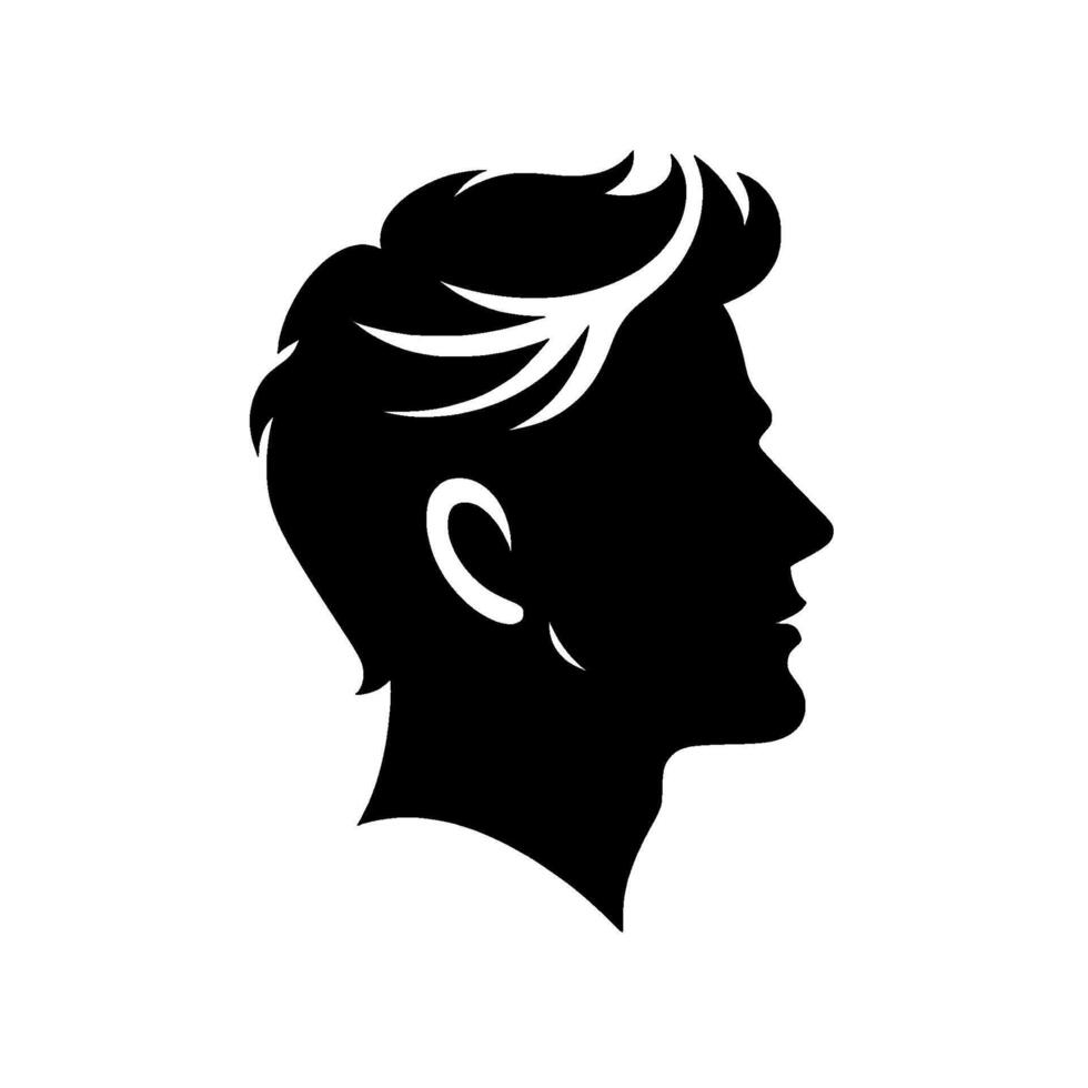 Silhouette of a mans head a stylish black and white depicting profile, featuring textured hair and clean lines on white background. vector