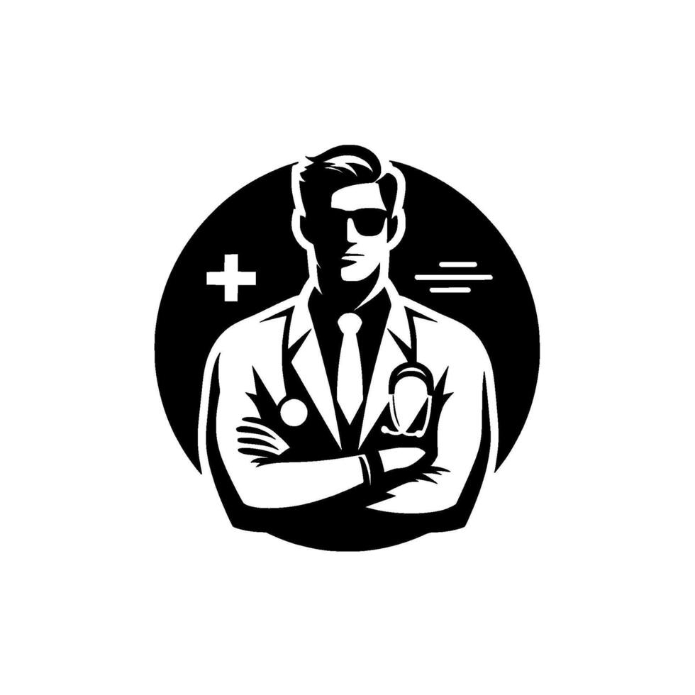 Monochromatic of a doctor in lab coat and tie, within a circle with cross and lines, embodying professional care. vector