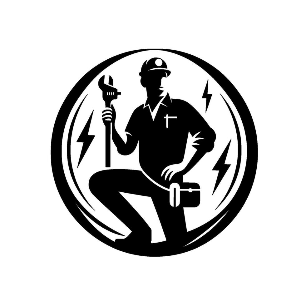 Silhouetted electrician kneeling with a wrench, surrounded by lightning bolts within a circular emblem, illustrating the power of electricity. vector
