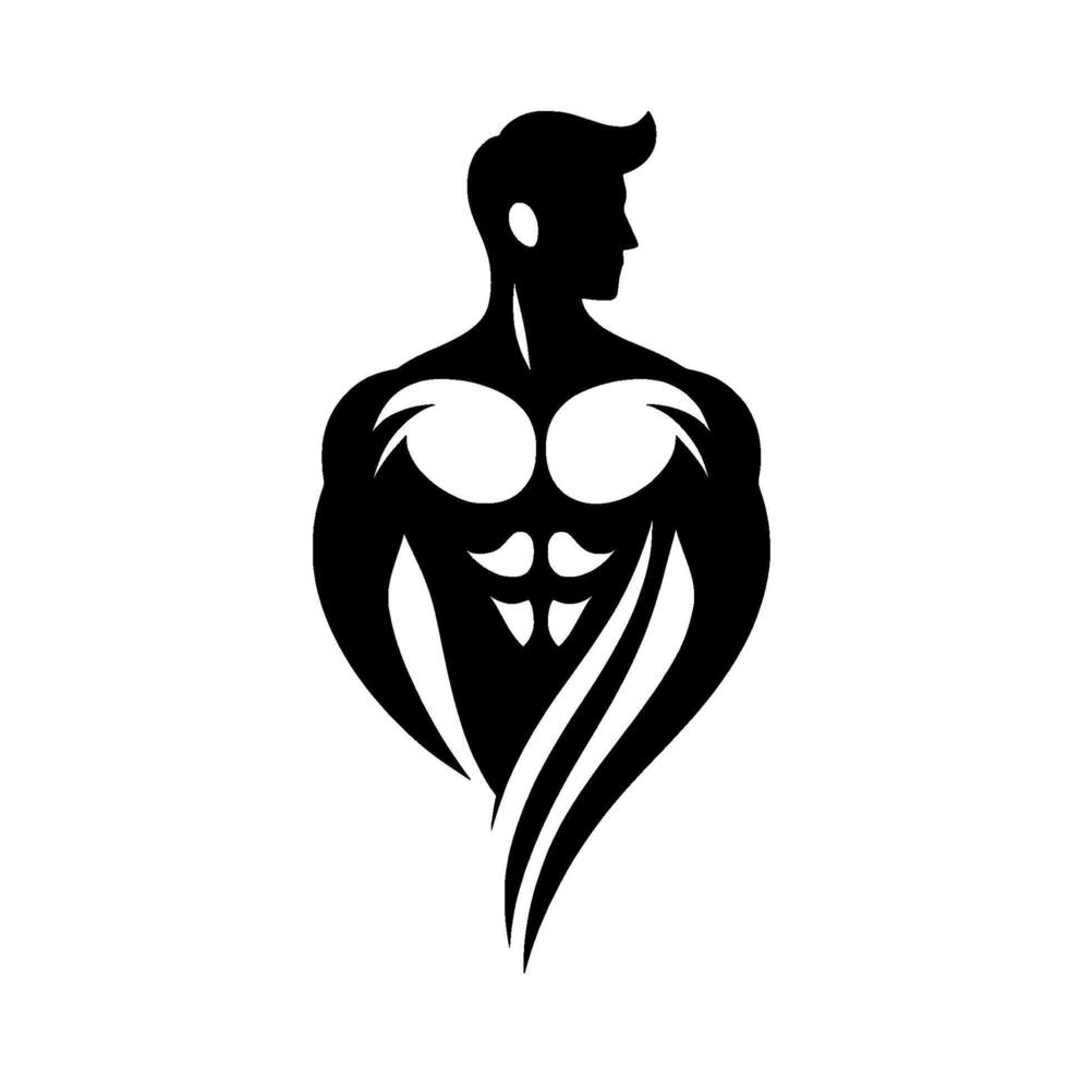 Striking black and white silhouette of a muscular male figure, symbolizing strength and fitness, set against a plain white background. vector