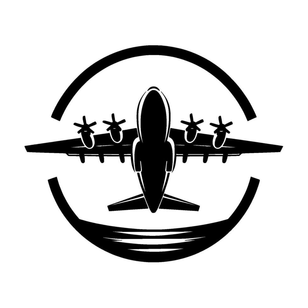 Overhead silhouette of a fourengine turboprop aircraft, depicted within a stylized circular frame, emphasizing bold lines and a minimalist design. vector
