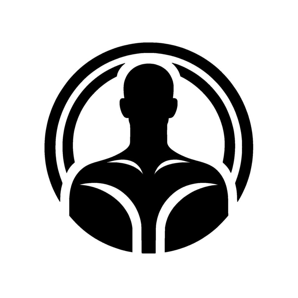 Black silhouette of a male torso encircled by a double ring, minimalist for strength and wellness. vector