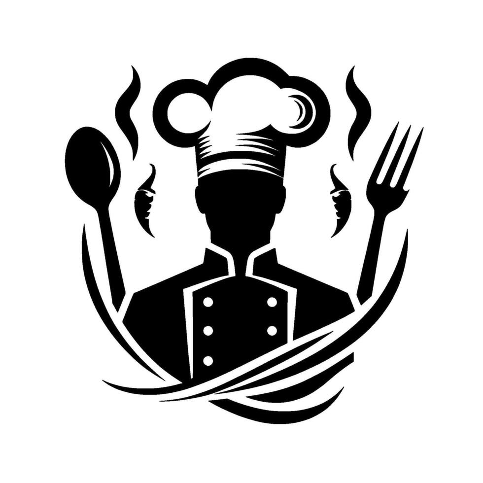 Culinary emblem silhouette of a chef with hat, spoon, fork, and steam, symbolic of restaurant quality. vector
