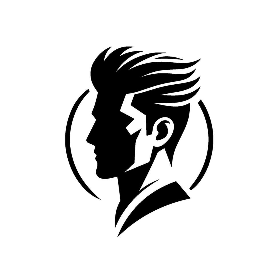 Stylized black and white silhouette of a mans head with a modern haircut, enclosed in a circle, on a white background. vector