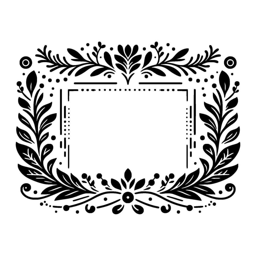Intricate black floral frame with open center, featuring leafy sprigs, dots, and geometric elements on a white background vector