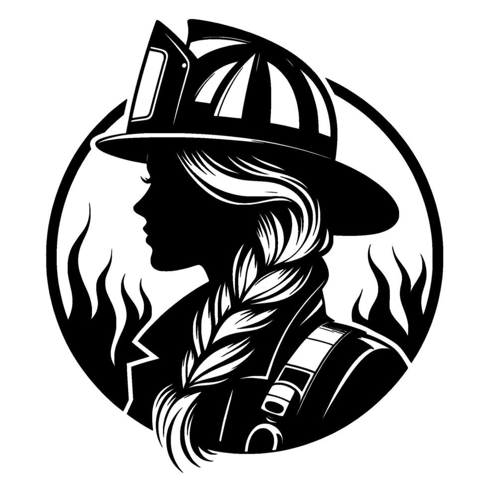 Silhouette of a female firefighter in profile, wearing helmet and braid, framed by a circle and stylized flames, in a black and white illustration. vector