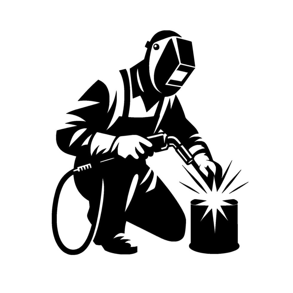 Silhouette of a welder in protective gear, kneeling and welding metal, generating sparks, showcasing industrial craftsmanship. vector