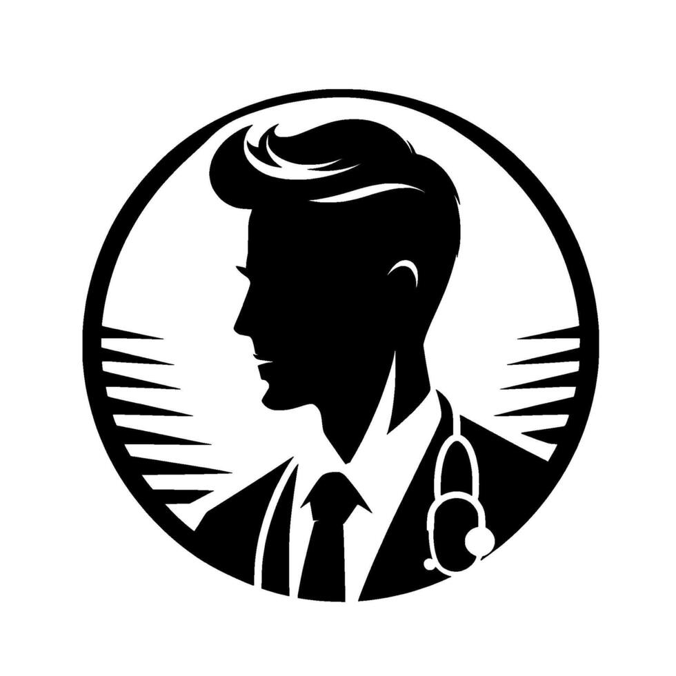 Stylish silhouette of a doctor in a circle, featuring a pompadour hairstyle, tie, and stethoscope, evoking trust and professionalism. vector