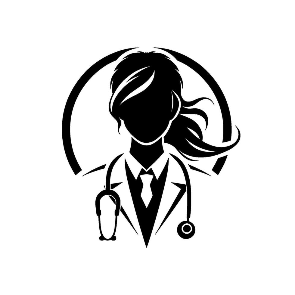 Silhouette of a female doctor with ponytail, stethoscope, and medical attire inside a circle, highlighting healthcare professionalism. vector