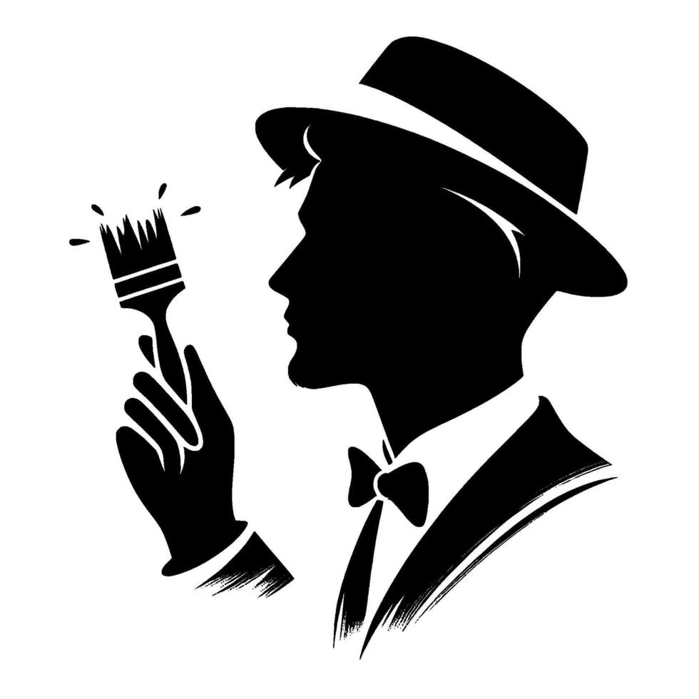 Silhouette of a dapper artist with a fedora, holding a paintbrush with artistic flair, depicting creativity and classic elegance. vector