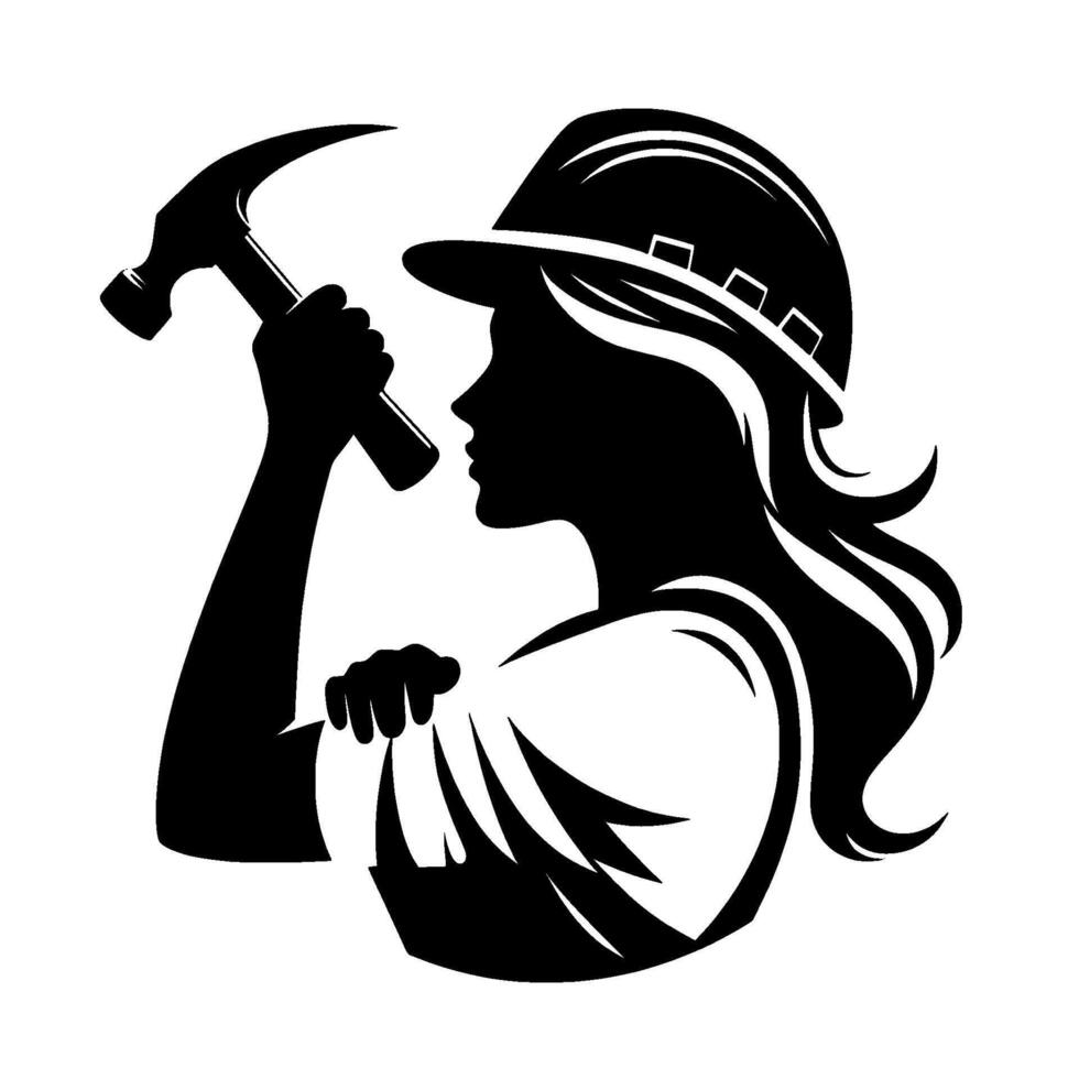 Silhouette of a strong woman with hammer, wearing hard hat, championing empowerment and skilled labor. vector