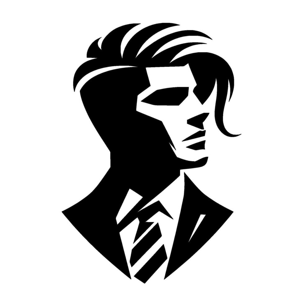 A stark black and white illustration of a sharply dressed man, stylized with bold lines and geometric shapes, featuring a distinctive hairstyle and tie. vector