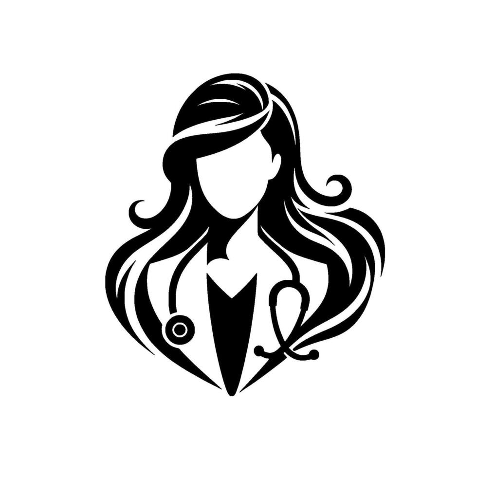 Silhouette of a female doctor with flowing hair and a stethoscope, representing health and medical profession in black and white. vector