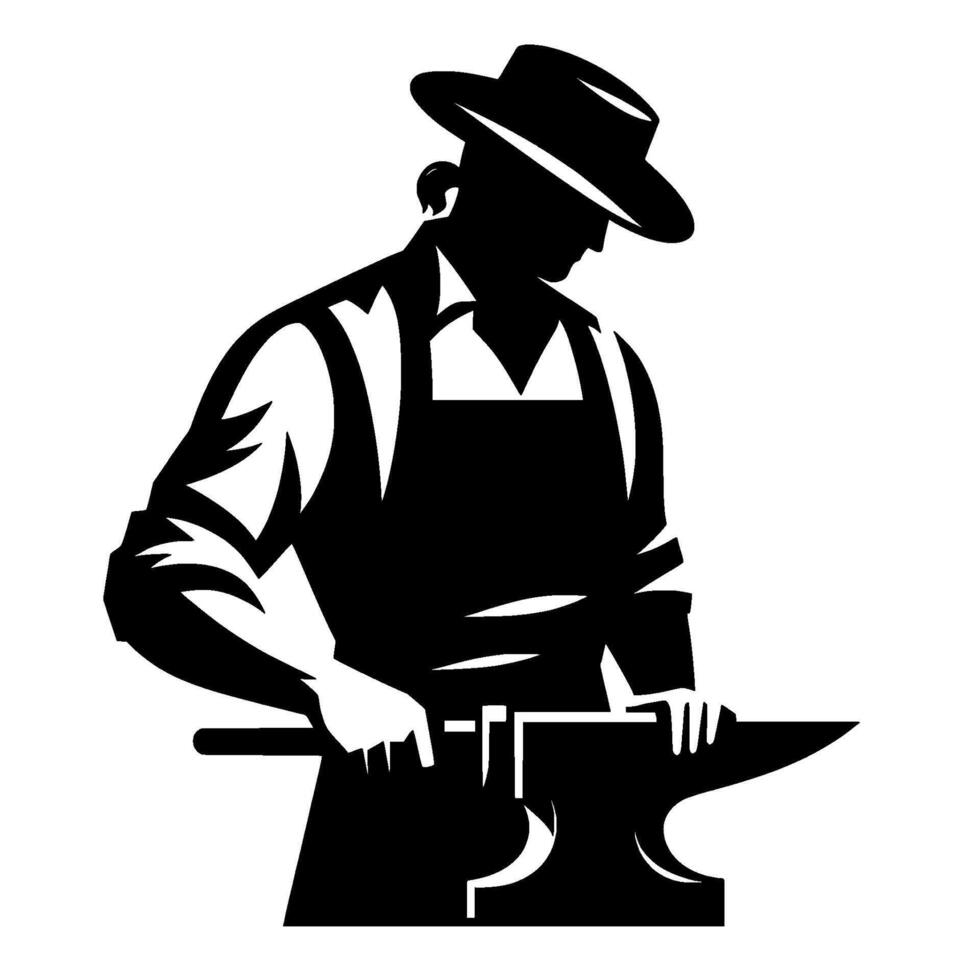 Silhouette of a blacksmith in a hat, working with anvil and hammer, highlighting labor and craftsmanship in bold, minimalist style. vector