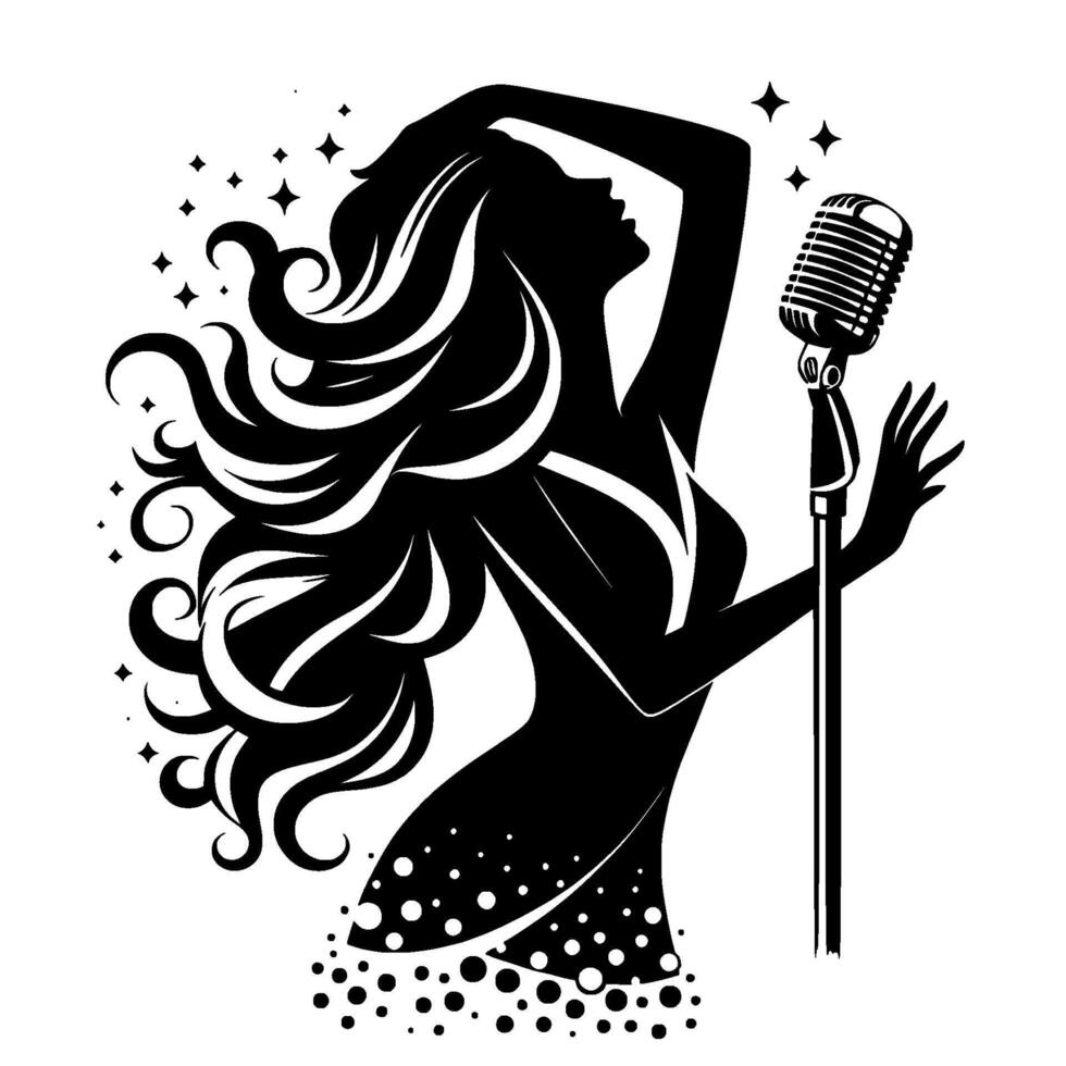 Silhouette of a glamorous singer with flowing hair, embracing a vintage microphone, framed with stars against a clean white background. vector