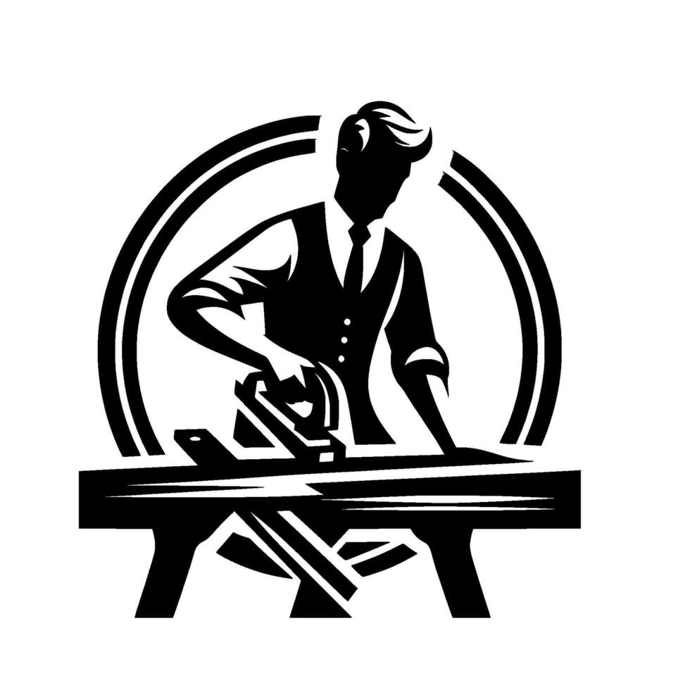 A black and white illustration depicting a carpenter engaged in woodworking, encircled, using a circular saw on a workbench. vector