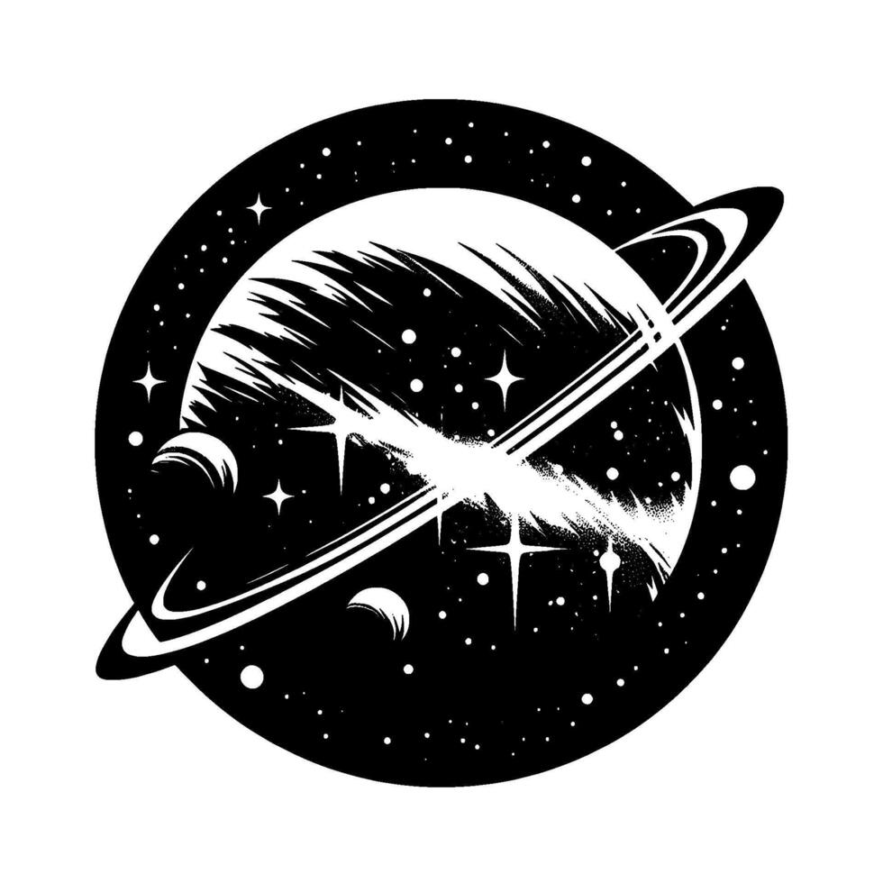 A monochromatic illustration of a celestial scene, featuring a planet with radiating bursts of light, surrounded by stars and a ring system, all within a starry border. vector